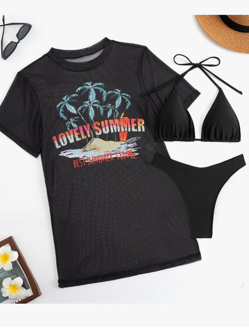 Chic Nation Black Mesh Cover-Up with Black Bikini Set
